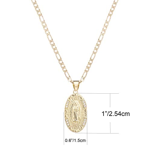 Yipima 14K Gold Plated Guadalupe Virgin Mary Pendant Necklace 3mm Figaro Chain 18/22 inches