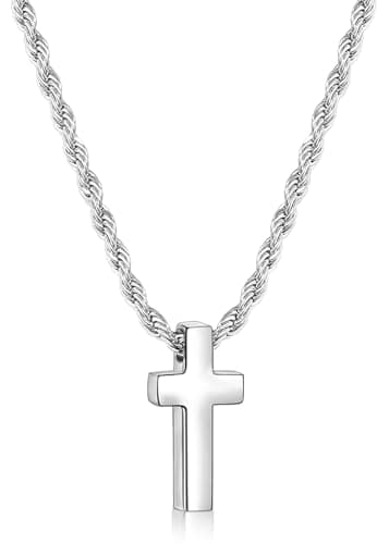 Fiusem Men's Stainless Steel Cross Necklace, 2.5mm Rope Chain, 16-28 inches