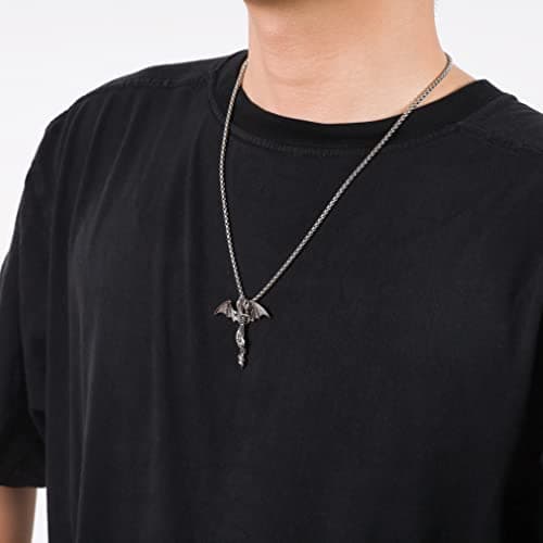 HAQUIL Silver Plated Dragon Sword Pendant Necklace for Men