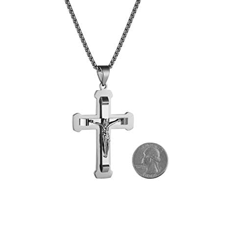 HZMAN Men's Jesus Pendant Necklace - Silver Gold Black Multicolor Cross 24 Inch Chain
