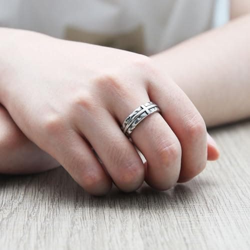 HZMAN Men's Stainless Steel Retro Hammered Cross Ring 6.5mm Wide Stackable Band Jewelry Gift