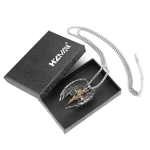 HZMAN Angel Wing Necklace, Stainless Steel Gothic Punk Cross Pendant Faith Amulet Jewelry Gift