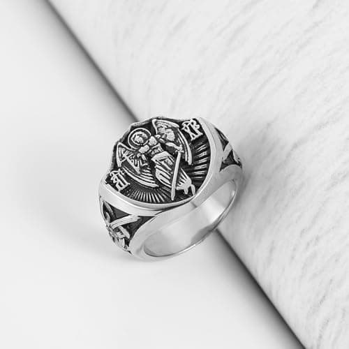 HZMAN Archangel Ring for Men: Stainless Steel Saint Michael Medal Statement Jewelry Gift