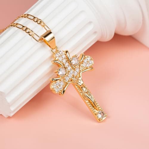 HZMAN 14K Rose Gold Plated Cubic Zirconia Cross Pendant Faith Jewelry for Men & Women