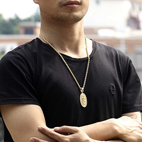 ROWIN&CO Mens 18K Gold Micro Pave Virgin Mary CZ Pendant with Gold Chain