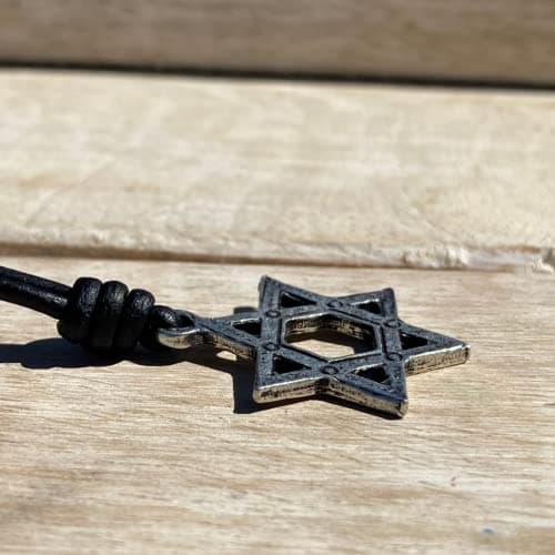 Star of David Necklace - Mens Tequila Sunrise Shop, Gold Mitzvah Gift, Jewish Jewelry, Antique Silver, Black Leather