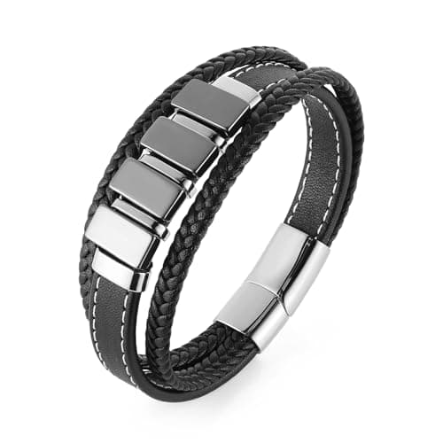 HZMAN Men's Minimalist Stainless Steel Hematite Bracelet, 8.5 İnch Genuine Leather