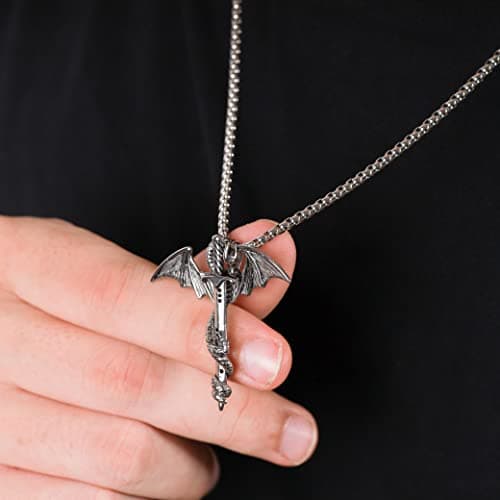 HAQUIL Silver Plated Dragon Sword Pendant Necklace for Men
