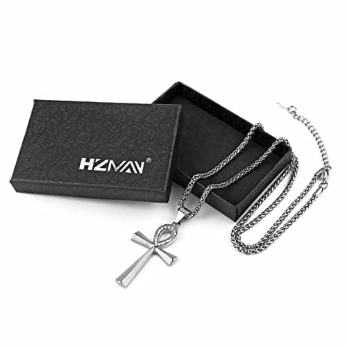 HZMAN Stainless Steel Coptic Ankh Cross Pendant Necklace, 22+2 Rope Chain