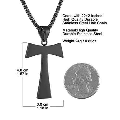 HZMAN Christian Tau Cross Pendant Necklace - Stainless Steel, 3 Colors, 22+2 Inch