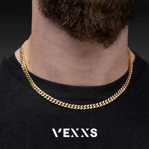 VEXXS Men's Real Gold Plated Cuban Link Chain Necklace, Durable 4mm-6mm