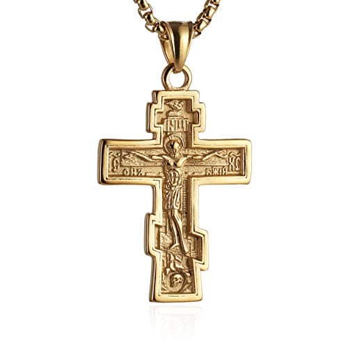 Vintage Stainless Steel Cross Pendant Necklace, Silver Gold Black Color Options, 22+2 Inches Chain