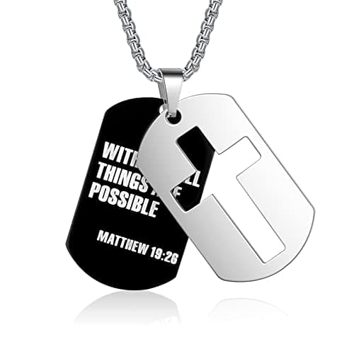 ZRAY Men's Stainless Steel Chain Dog Tag Necklace with Bible Verse Cross Pendant