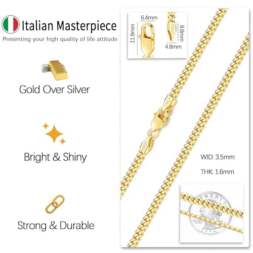 Eterjew Italian Solid 18k Gold Over 925 Sterling Silver Chain Necklace, 3.5mm Cuban Link, Sturdy & Shiny