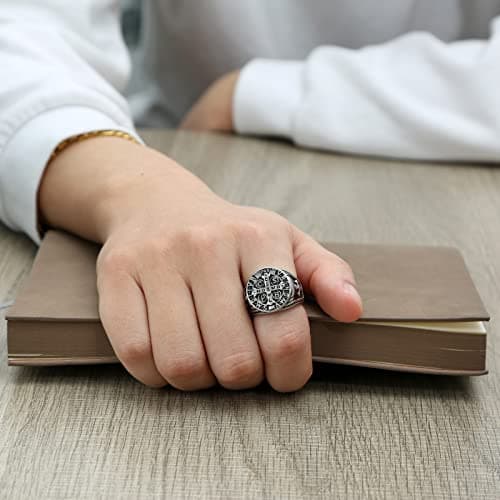 HZMAN Men Women St. Benedict Exorcism Ring with Silver Stainless Steel Roman Cross Ghost Protection