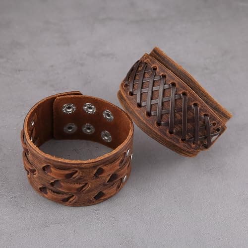 Genuine Leather Punk Bracelets for Men - Handmade Wide Cuff Wristband Jewelry Gift