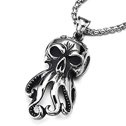 COOLSTEELANDBEYOND Vintage Octopus Skull Pendant Necklace with 30in Wheat Chain, Gothic Punk