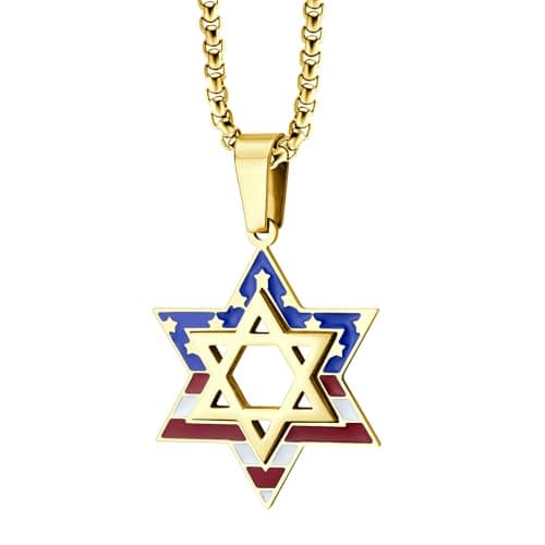 Stainless Steel Star of David & US Flag Necklace, 16-24" Chain
