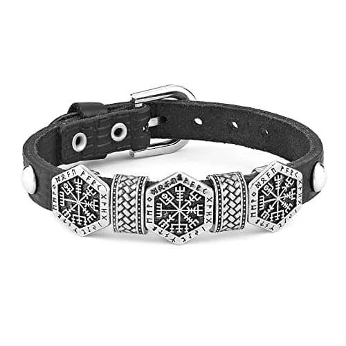 HZMAN Leather Braided Viking Bracelet Vegvisir Compass Wristband (Black)