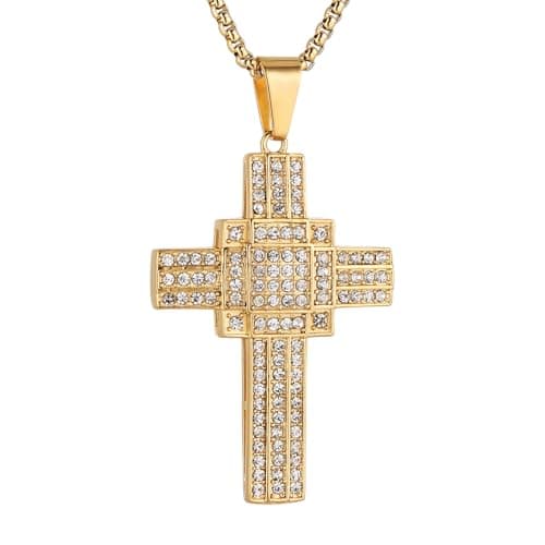 Iced Out Cross Pendant: 18k Gold Plated Stainless Steel Hip-Hop Necklace