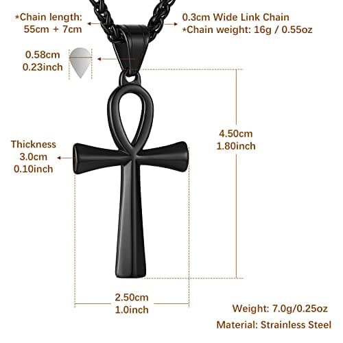 HZMAN Stainless Steel Coptic Ankh Cross Pendant Necklace, 22+2 Rope Chain