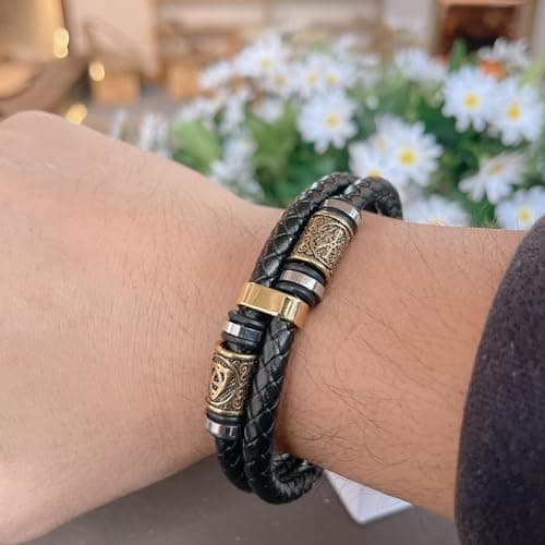 IMT-LLC Viking Style Men's Genuine Leather Braided Bracelet With Norse Runes Gift