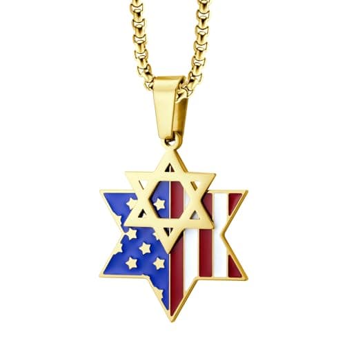 Stainless Steel Star of David & US Flag Necklace, 16-24" Chain