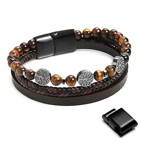 Men's Leather Tree of Life Bracelet with Tiger Eye Beads - Gift for Men