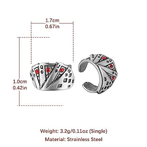 Stainless Steel Playing Card Ear Cuff Earrings for Men and Women - No Piercing Clip On Poker Earring