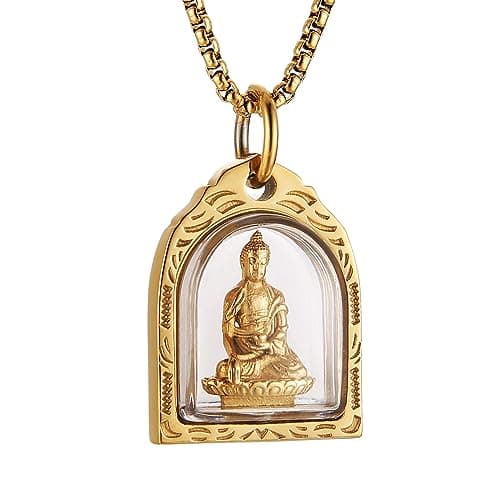 HZMAN Vintage Stainless Steel Tibetan Amitabha Buddha Pendant Necklace