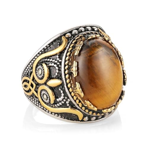 HZMAN Large Tiger Eye & Turquoise Gothic Wedding Ring Size 7-14