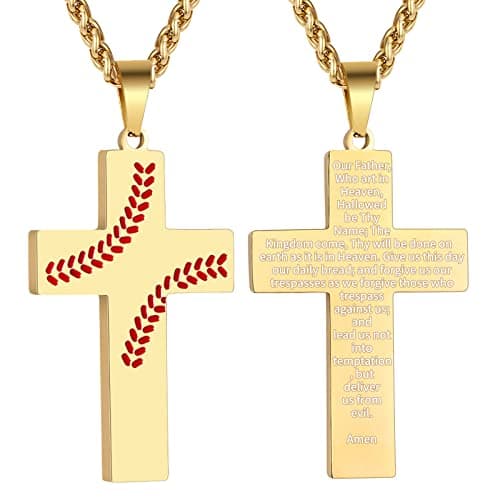 Zcombe Graduation Gift: Boys Men Baseball Cross Necklace, Stainless Steel 24 Inches