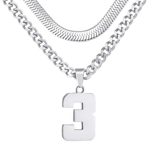 KLIFOWDY Men's Layered Stainless Steel Jersey Number Necklace, Basketball Football Baseball for Boys