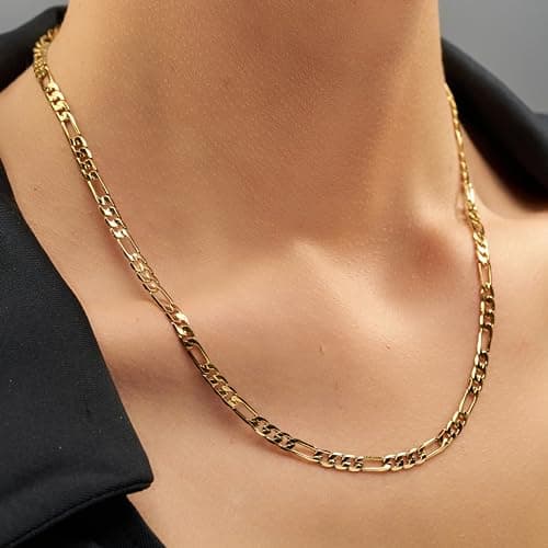 4mm Figaro Chain Necklace 24k Gold Plated for Men, Women, & Teens by LIFETIME JEWELRY