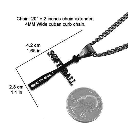 HZMAN Softball Bat Cross Pendant, I CAN DO ALL THINGS STRENGTH Bible Verse Necklace