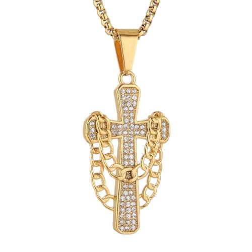 Iced Out Cross Pendant: 18k Gold Plated Stainless Steel Hip-Hop Necklace