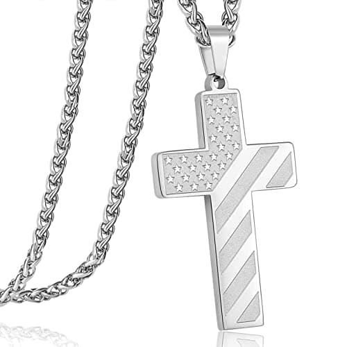 DuoDiner 24 Inch Cross Necklace for Men Boys Kids - Bible Verse American Flag Pendant Baptism First Communion Graduation