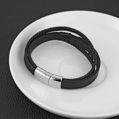 HZMAN Black Genuine Leather Evil Eye Bracelet with Rhinestones