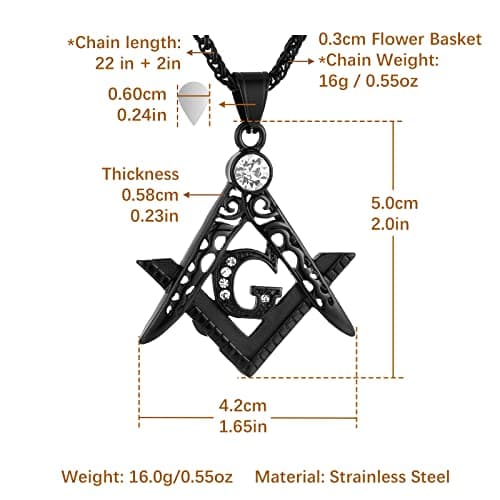 HZMAN Mens Freemason Symbol Cubic Zirconia Pendant Necklace 22+2 inch Chain