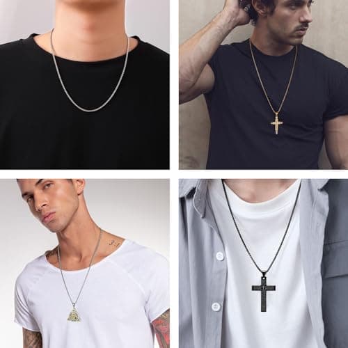 HZMAN Men's 3-Piece Stainless Steel Rolo Chain Necklace Set