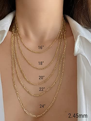JEWELHEART 14K Gold Figaro Chain Necklace - Diamond Cut Cuban Link, Lobster Clasp, 16-28"