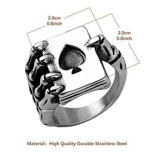 Stainless Steel Gothic Skull Hand Claw Poker Playing Card Ace of Spades Ring for Men and Women, Size 8-13