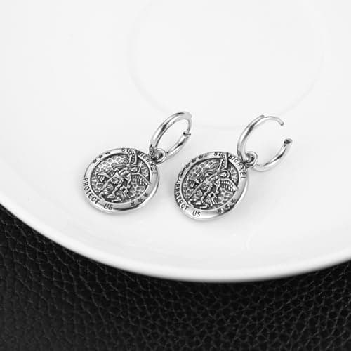 HZMAN Archangel Dangle Earring for Men Round Saint Michael Medal Jewelry