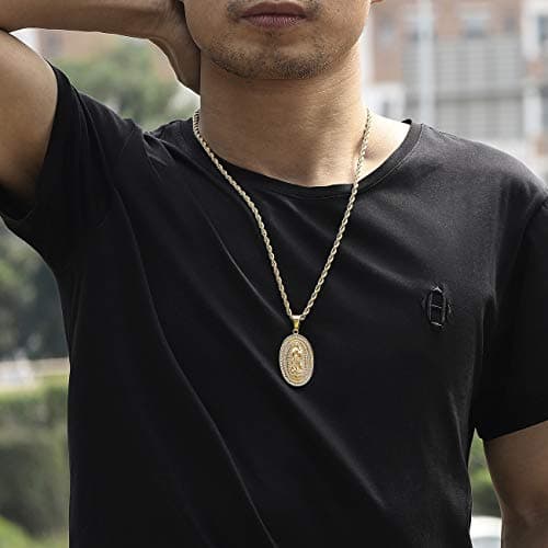 ROWIN&CO Mens 18K Gold Micro Pave Virgin Mary CZ Pendant with Gold Chain
