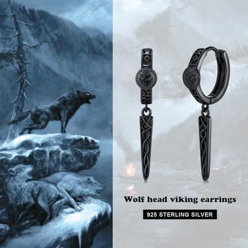 YYmqmq Gothic Punk Black Viking Runes Spike Earrings for Man 925 Silver