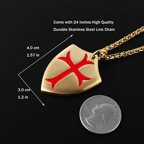 HZMAN Templar Cross Pendant Necklace with Shield 22+2 inch Chain