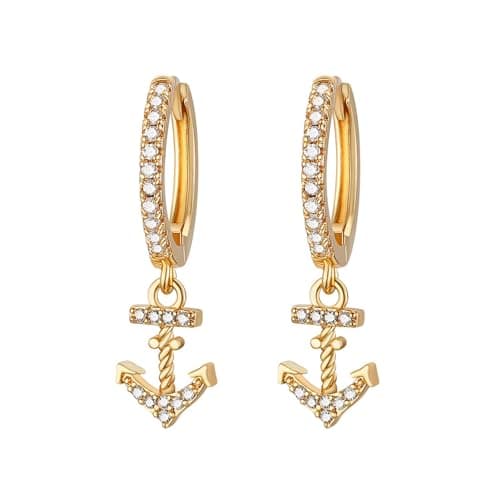 HZMAN 14K Gold Plated Cubic Zirconia Nautical Anchor Earrings for Women