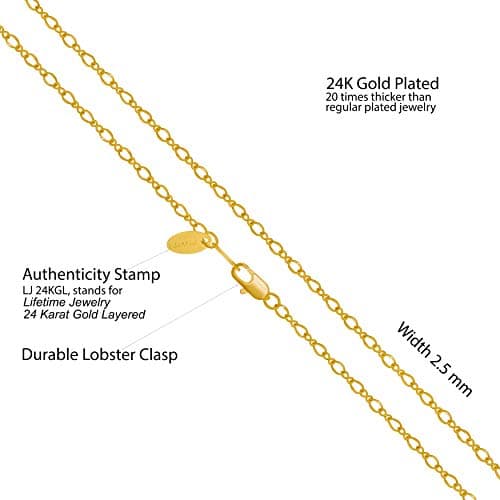 Lifetime 24k Gold Plated 2.5mm Italian Figaro Chain Necklace