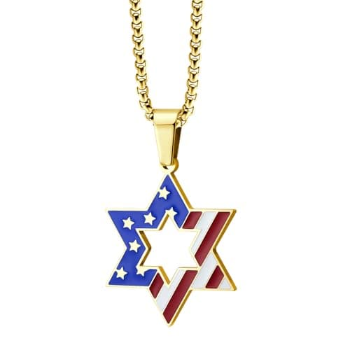 Stainless Steel Star of David & US Flag Necklace, 16-24" Chain
