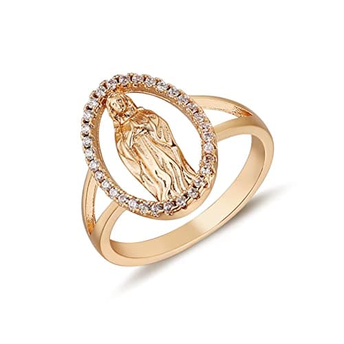 14K Gold Plated Virgin Mary Ring for Women - Religious Guadalupe CZ Jewelry